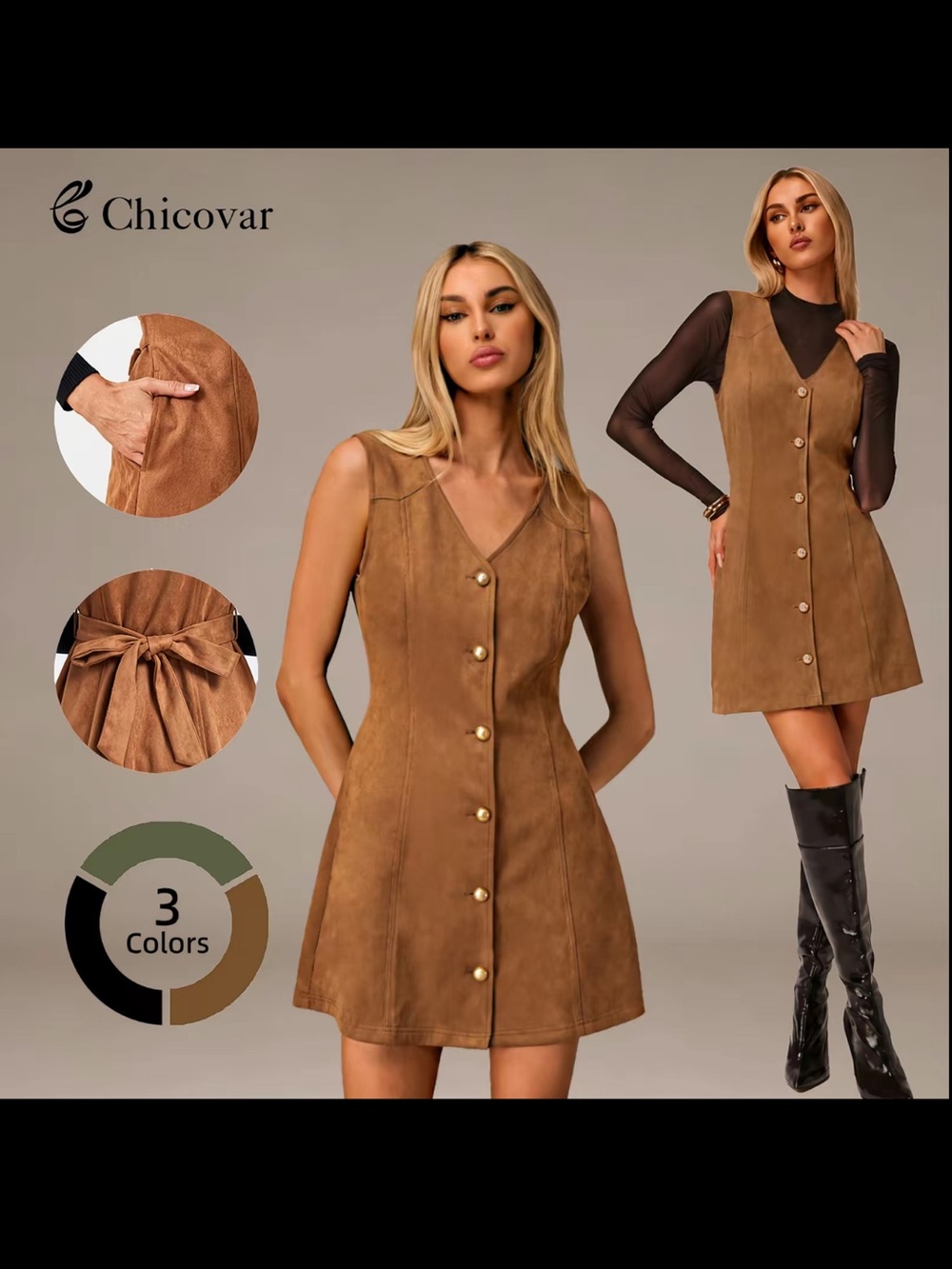 Women's Tan Button-Front Suede Dress